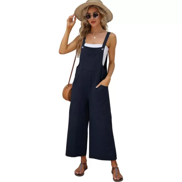 Gihuo Women's Baggy Loose Wide Leg Jumpsuits Cotton Linen Bib Overalls Sleeveless Button Jumpsuit with Pockets