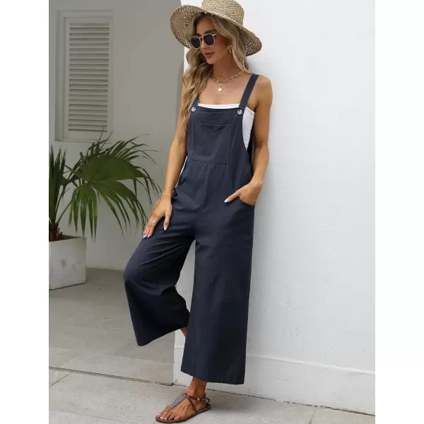 Gihuo Women's Baggy Loose Wide Leg Jumpsuits Cotton Linen Bib Overalls Sleeveless Button Jumpsuit with Pockets