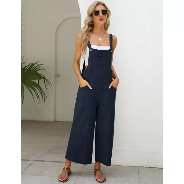 Gihuo Women's Baggy Loose Wide Leg Jumpsuits Cotton Linen Bib Overalls Sleeveless Button Jumpsuit with Pockets