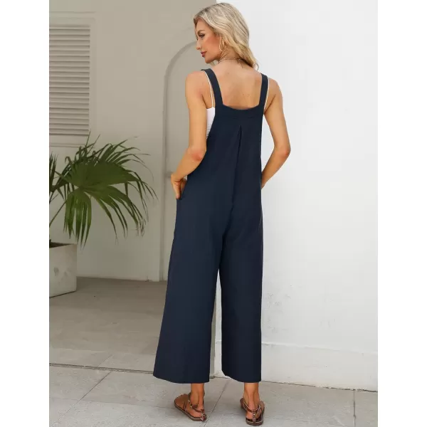 Gihuo Women's Baggy Loose Wide Leg Jumpsuits Cotton Linen Bib Overalls Sleeveless Button Jumpsuit with Pockets