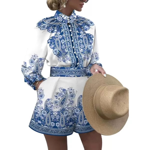 Gihuo Womens Boho Print Long Sleeve Top High Waist Shorts Sets 2 Piece Outfits Tropical Romper Summer Matching Set