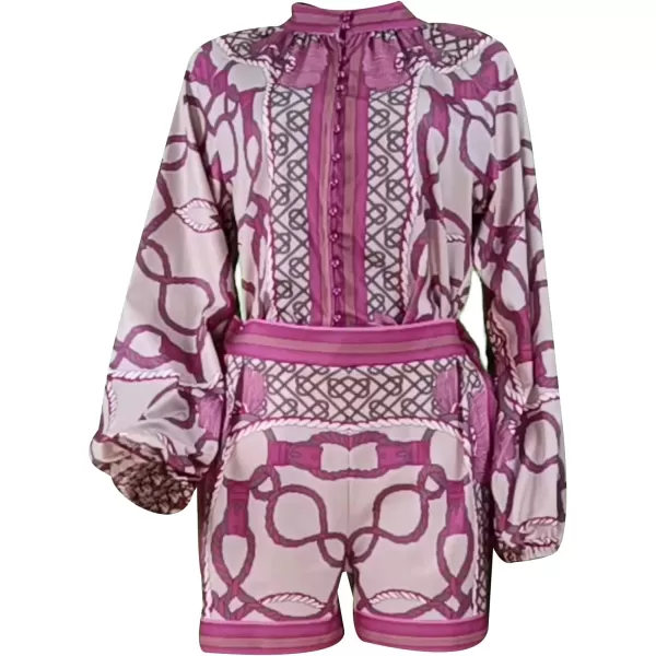 Gihuo Womens Boho Print Long Sleeve Top High Waist Shorts Sets 2 Piece Outfits Tropical Romper Summer Matching Set
