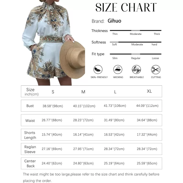 Gihuo Womens Boho Print Long Sleeve Top High Waist Shorts Sets 2 Piece Outfits Tropical Romper Summer Matching Set
