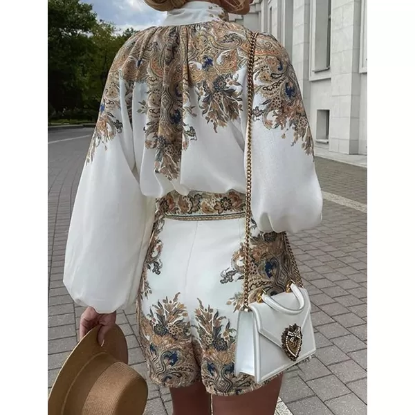 Gihuo Womens Boho Print Long Sleeve Top High Waist Shorts Sets 2 Piece Outfits Tropical Romper Summer Matching Set