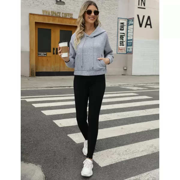 Gihuo Women's Casual Long Sleeve Waffle Hoodie Drawstring Pullover Sweatshirts Crop Top with Pockets