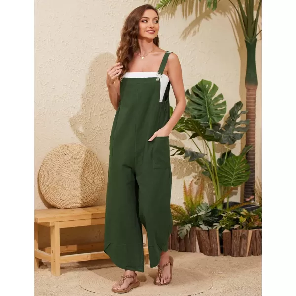 Gihuo Women's Cotton Linen Jumpsuits Baggy Sleeveless Bib Overalls Wide Leg Bib Pants with Pockets