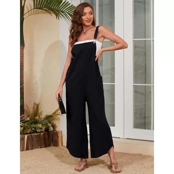 Gihuo Women's Cotton Linen Jumpsuits Baggy Sleeveless Bib Overalls Wide Leg Bib Pants with Pockets