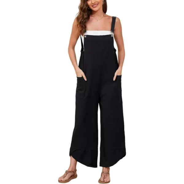 Gihuo Women's Cotton Linen Jumpsuits Baggy Sleeveless Bib Overalls Wide Leg Bib Pants with Pockets