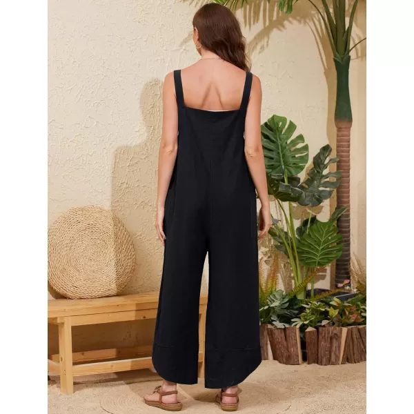 Gihuo Women's Cotton Linen Jumpsuits Baggy Sleeveless Bib Overalls Wide Leg Bib Pants with Pockets