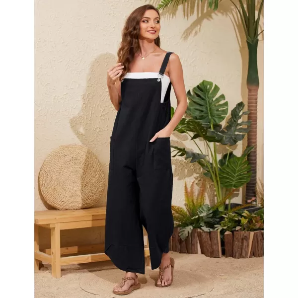 Gihuo Women's Cotton Linen Jumpsuits Baggy Sleeveless Bib Overalls Wide Leg Bib Pants with Pockets
