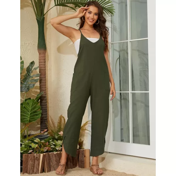Gihuo Women's Cotton Linen Jumpsuits Sleeveless Adjustable Strap Bib Overalls Wide Leg Bib Pants with Pockets