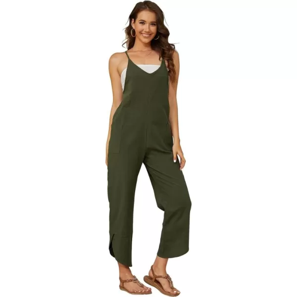 Gihuo Women's Cotton Linen Jumpsuits Sleeveless Adjustable Strap Bib Overalls Wide Leg Bib Pants with Pockets