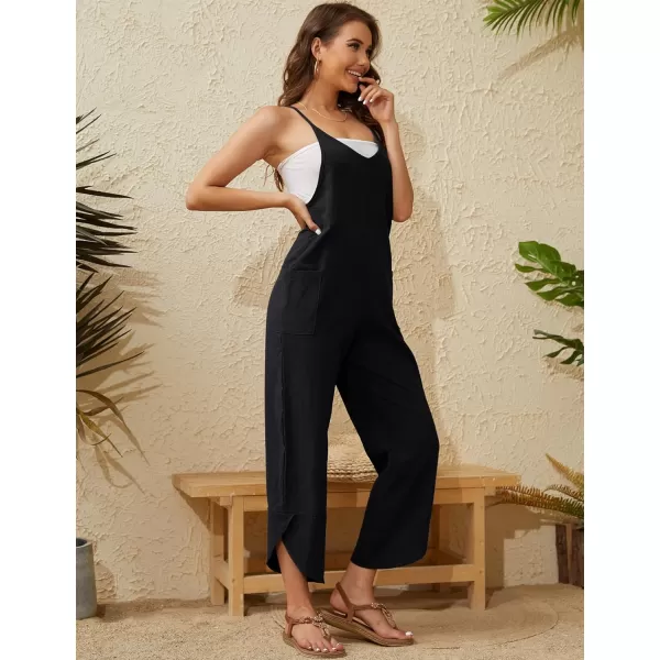 Gihuo Women's Cotton Linen Jumpsuits Sleeveless Adjustable Strap Bib Overalls Wide Leg Bib Pants with Pockets