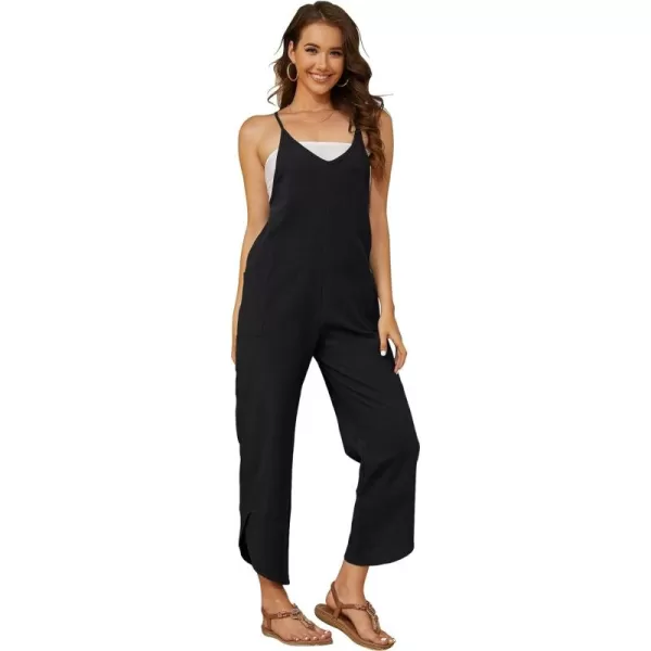 Gihuo Women's Cotton Linen Jumpsuits Sleeveless Adjustable Strap Bib Overalls Wide Leg Bib Pants with Pockets