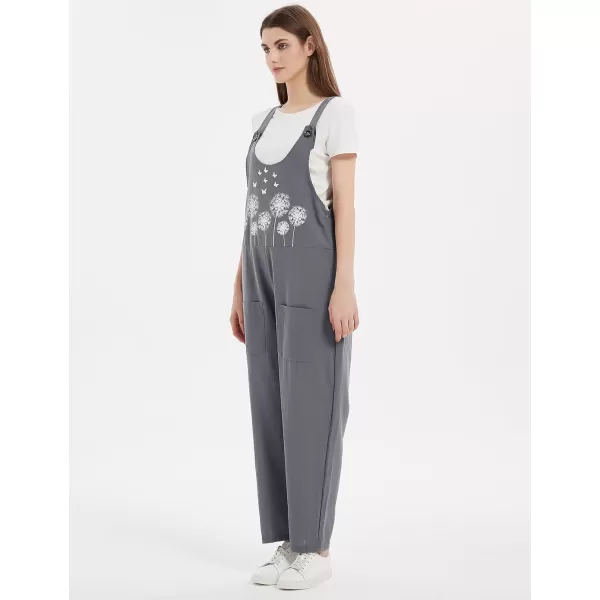Gihuo Women's Cotton Linen Overall Flower Print Loose Fit Bib Overall Jumpsuit