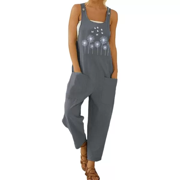 Gihuo Women's Cotton Linen Overall Flower Print Loose Fit Bib Overall Jumpsuit