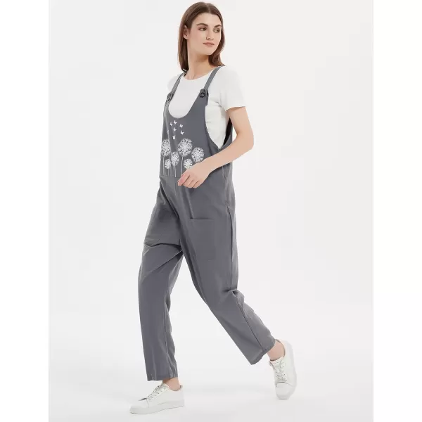 Gihuo Women's Cotton Linen Overall Flower Print Loose Fit Bib Overall Jumpsuit