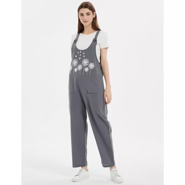 Gihuo Women's Cotton Linen Overall Flower Print Loose Fit Bib Overall Jumpsuit