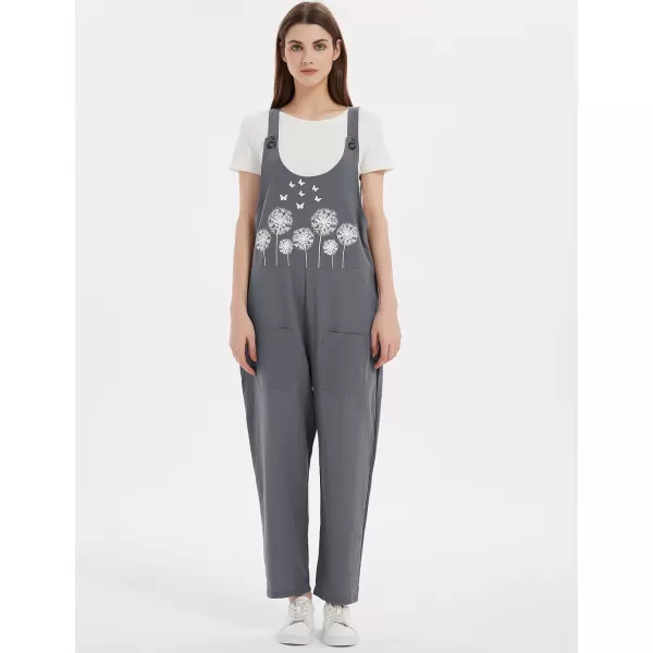 Gihuo Women's Cotton Linen Overall Flower Print Loose Fit Bib Overall Jumpsuit