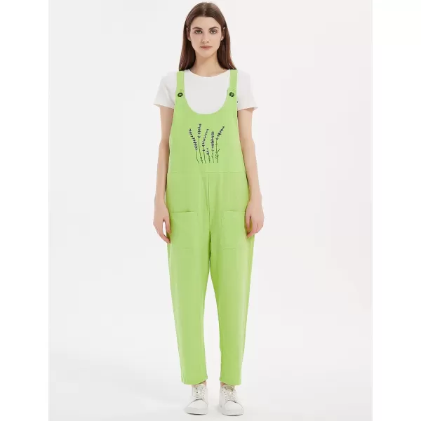 Gihuo Women's Cotton Linen Overall Flower Print Loose Fit Bib Overall Jumpsuit