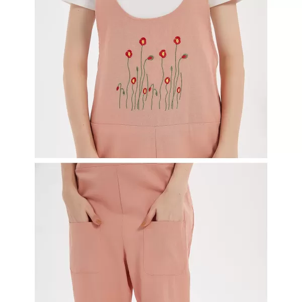 Gihuo Women's Cotton Linen Overall Flower Print Loose Fit Bib Overall Jumpsuit