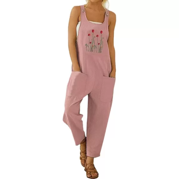 Gihuo Women's Cotton Linen Overall Flower Print Loose Fit Bib Overall Jumpsuit