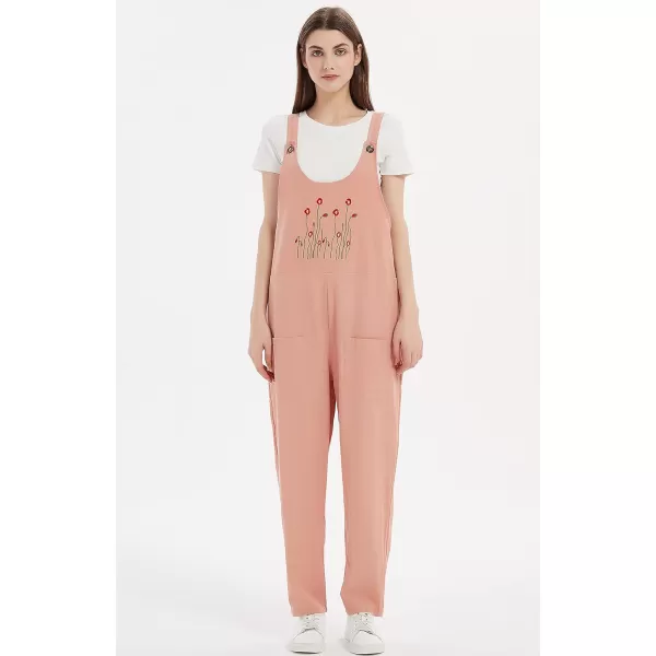 Gihuo Women's Cotton Linen Overall Flower Print Loose Fit Bib Overall Jumpsuit