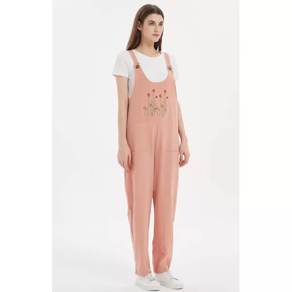 Gihuo Women's Cotton Linen Overall Flower Print Loose Fit Bib Overall Jumpsuit