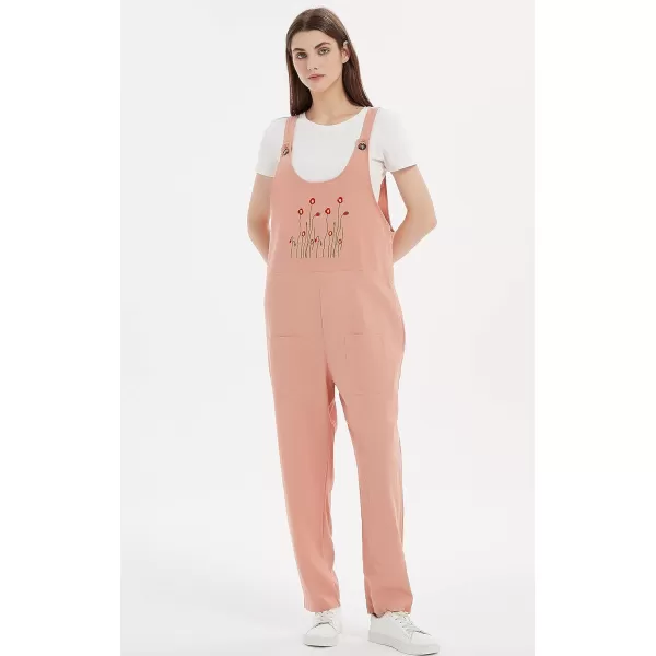 Gihuo Women's Cotton Linen Overall Flower Print Loose Fit Bib Overall Jumpsuit
