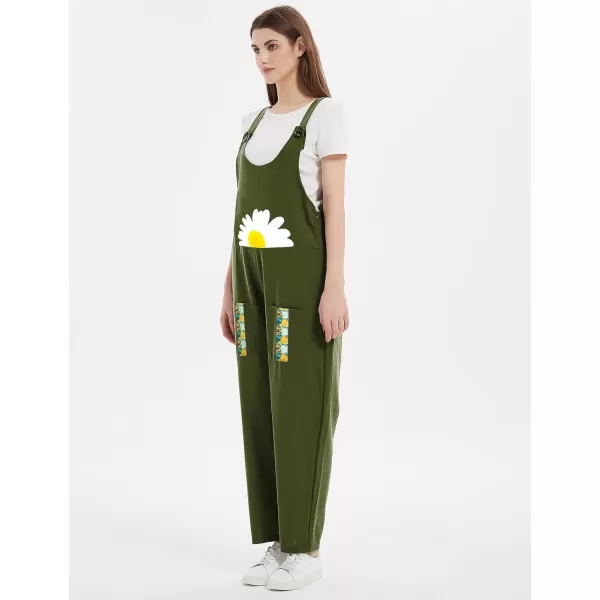 Gihuo Women's Cotton Linen Overall Flower Print Loose Fit Bib Overall Jumpsuit