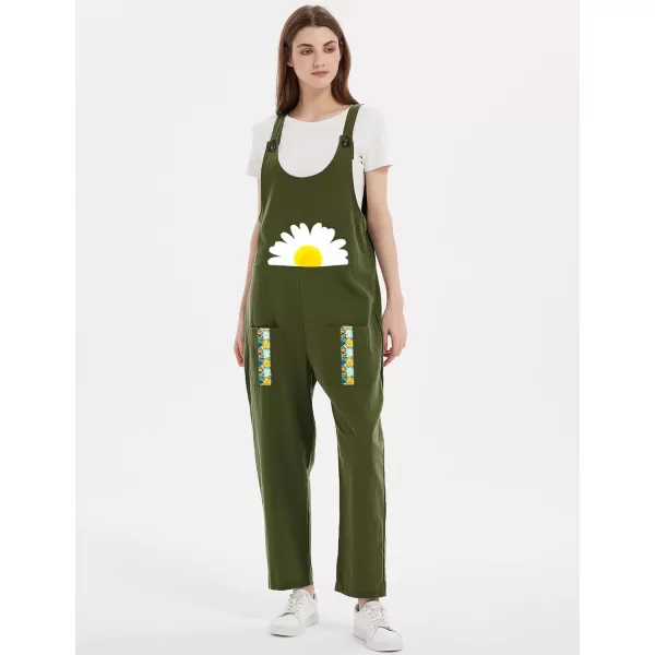 Gihuo Women's Cotton Linen Overall Flower Print Loose Fit Bib Overall Jumpsuit