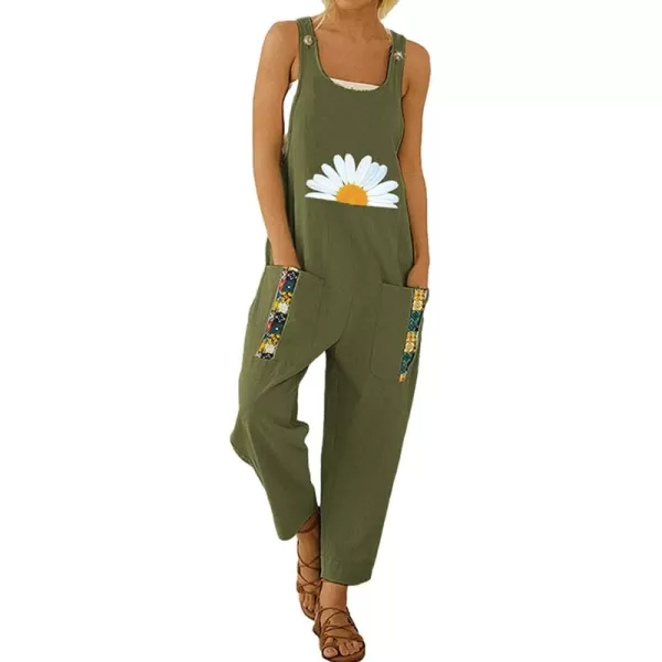 Gihuo Women's Cotton Linen Overall Flower Print Loose Fit Bib Overall Jumpsuit