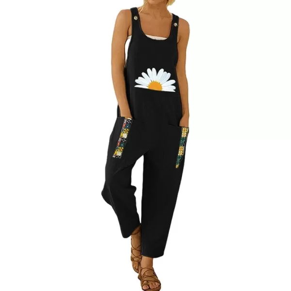 Gihuo Women's Cotton Linen Overall Flower Print Loose Fit Bib Overall Jumpsuit