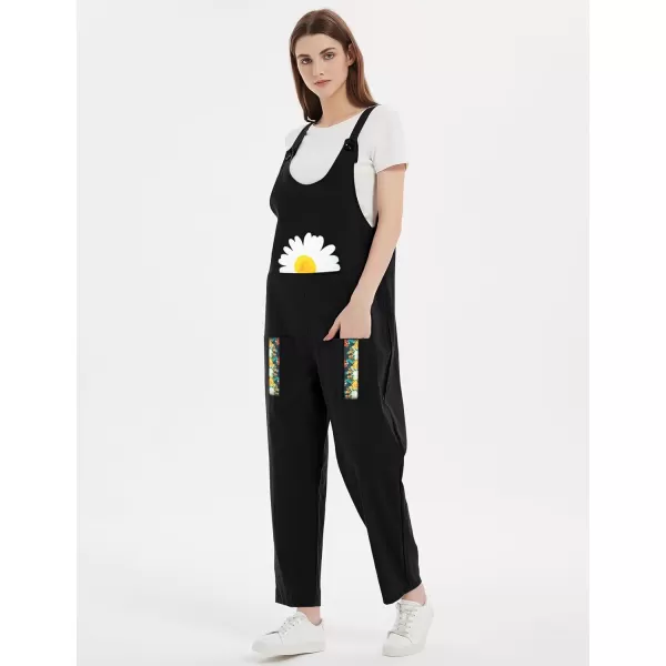 Gihuo Women's Cotton Linen Overall Flower Print Loose Fit Bib Overall Jumpsuit
