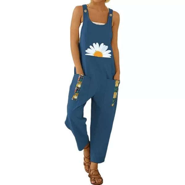 Gihuo Women's Cotton Linen Overall Flower Print Loose Fit Bib Overall Jumpsuit