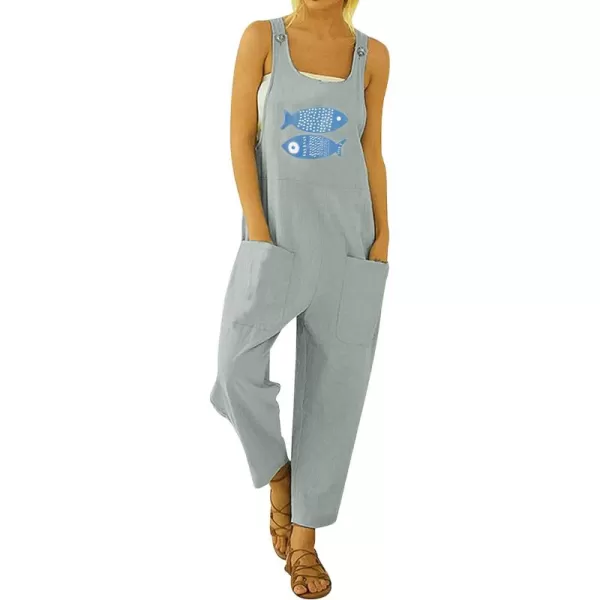 Gihuo Women's Cotton Linen Overall Flower Print Loose Fit Bib Overall Jumpsuit