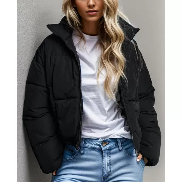 Gihuo Women's Cropped Puffer Jacket Winter Stand Up Collar Zip Up Padded Coat Short Warm Quited Jackets