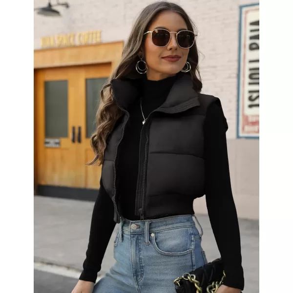Gihuo Women's Cropped Puffer Vest Quilted Gilet Winter Padded Full Zip Vest Stand Collar Sleeveless Jacket