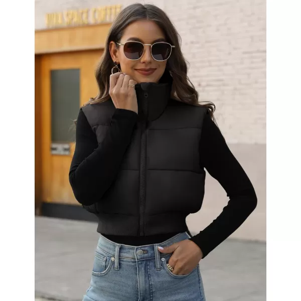 Gihuo Women's Cropped Puffer Vest Quilted Gilet Winter Padded Full Zip Vest Stand Collar Sleeveless Jacket