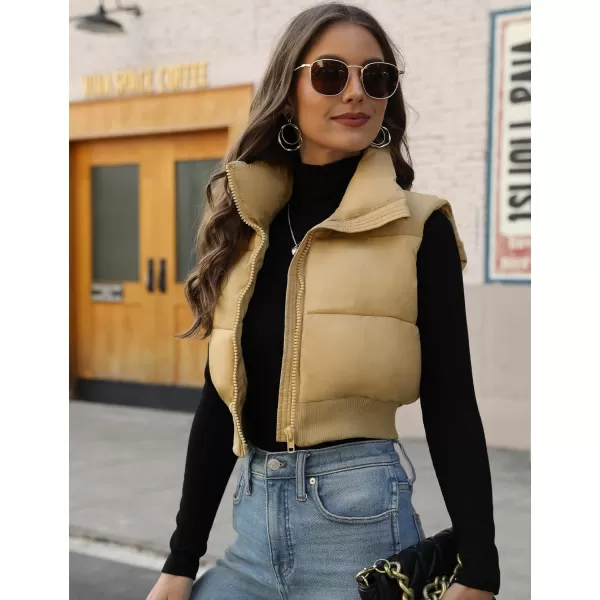 Gihuo Women's Cropped Puffer Vest Quilted Gilet Winter Padded Full Zip Vest Stand Collar Sleeveless Jacket