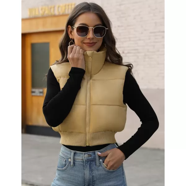 Gihuo Women's Cropped Puffer Vest Quilted Gilet Winter Padded Full Zip Vest Stand Collar Sleeveless Jacket