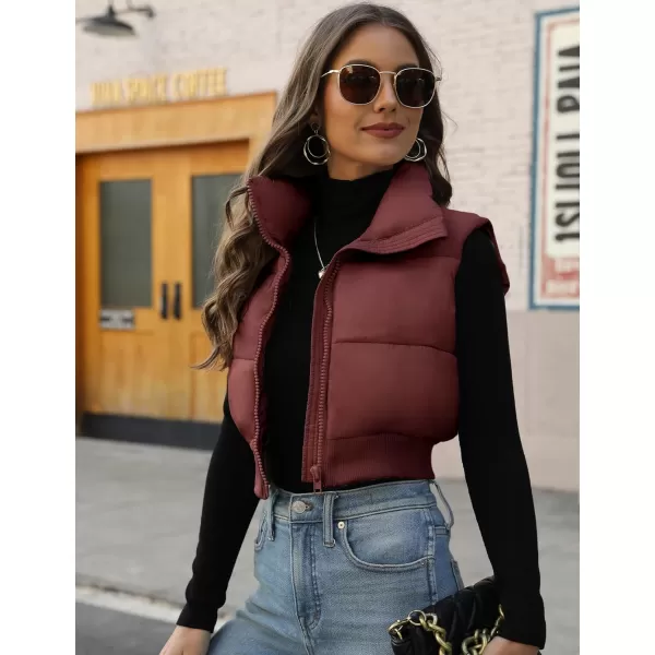 Gihuo Women's Cropped Puffer Vest Quilted Gilet Winter Padded Full Zip Vest Stand Collar Sleeveless Jacket