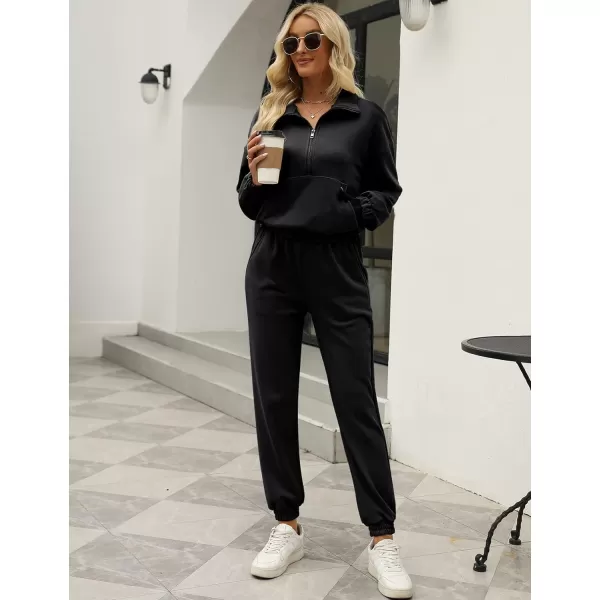 Gihuo Women's Fleece 2 Piece Outfits Sweatsuit Half Zip Stand-Up Collar Sweatshirts and Drawstring Jogger Pants Lounge Set