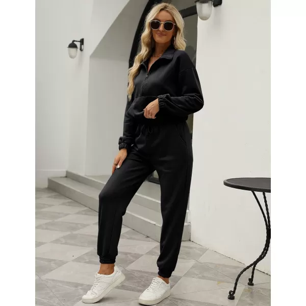 Gihuo Women's Fleece 2 Piece Outfits Sweatsuit Half Zip Stand-Up Collar Sweatshirts and Drawstring Jogger Pants Lounge Set