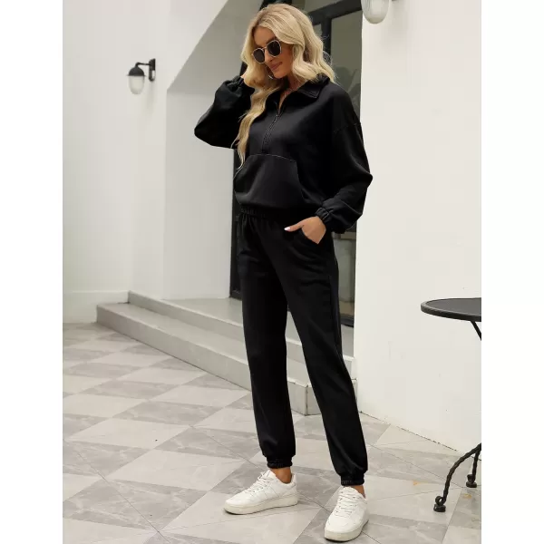 Gihuo Women's Fleece 2 Piece Outfits Sweatsuit Half Zip Stand-Up Collar Sweatshirts and Drawstring Jogger Pants Lounge Set