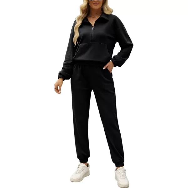 Gihuo Women's Fleece 2 Piece Outfits Sweatsuit Half Zip Stand-Up Collar Sweatshirts and Drawstring Jogger Pants Lounge Set