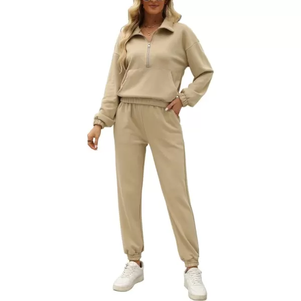 Gihuo Women's Fleece 2 Piece Outfits Sweatsuit Half Zip Stand-Up Collar Sweatshirts and Drawstring Jogger Pants Lounge Set