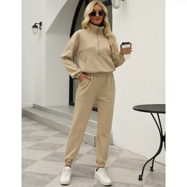 Gihuo Women's Fleece 2 Piece Outfits Sweatsuit Half Zip Stand-Up Collar Sweatshirts and Drawstring Jogger Pants Lounge Set