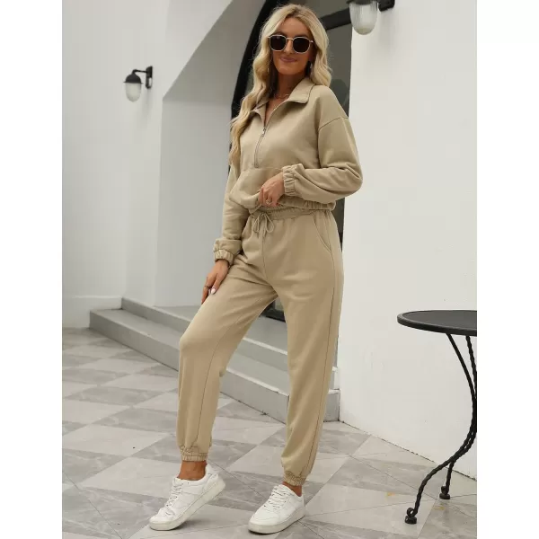 Gihuo Women's Fleece 2 Piece Outfits Sweatsuit Half Zip Stand-Up Collar Sweatshirts and Drawstring Jogger Pants Lounge Set
