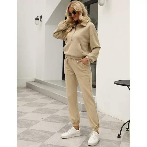 Gihuo Women's Fleece 2 Piece Outfits Sweatsuit Half Zip Stand-Up Collar Sweatshirts and Drawstring Jogger Pants Lounge Set